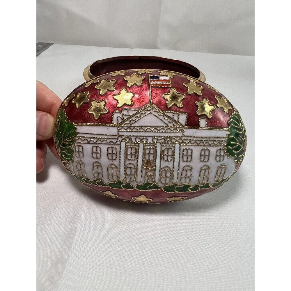 Enamel White House & American Star Flag Egg Shaped Trinket‎ Box Jewelry Dish